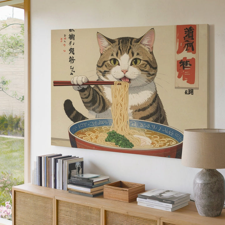 Ramen Slurping Cat Canvas – Japanese-Style Feline Noodle Fun - Gifitto