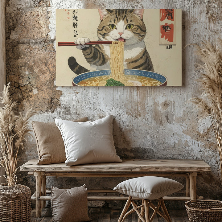 Ramen Slurping Cat Canvas – Japanese-Style Feline Noodle Fun - Gifitto