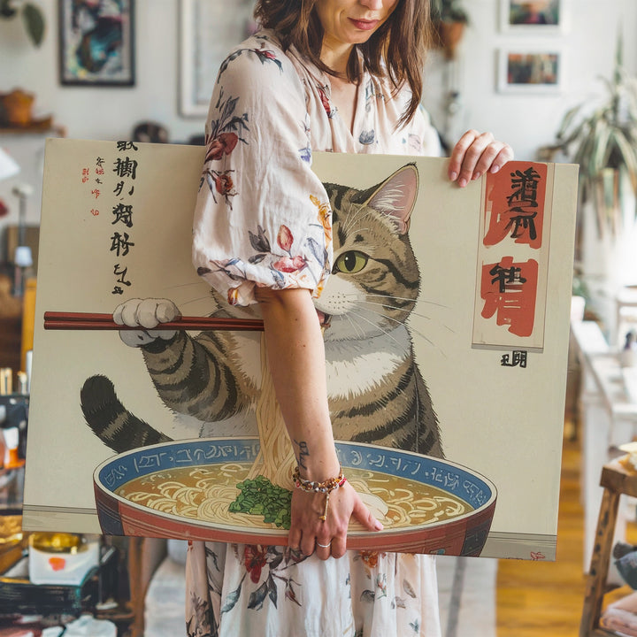 Ramen Slurping Cat Canvas – Japanese-Style Feline Noodle Fun - Gifitto