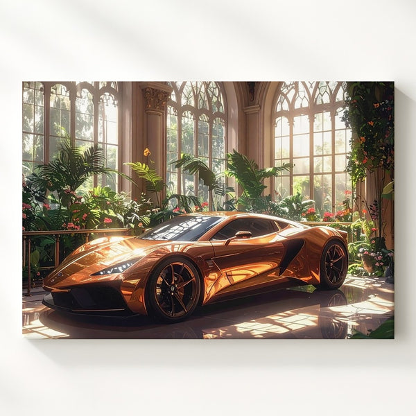 Copper Hypercar Canvas – Luxury Automotive Elegance in Glasshouse Garden - Gifitto