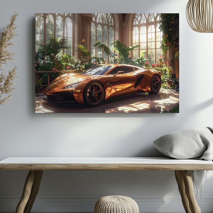 Copper Hypercar Canvas – Luxury Automotive Elegance in Glasshouse Garden - Gifitto
