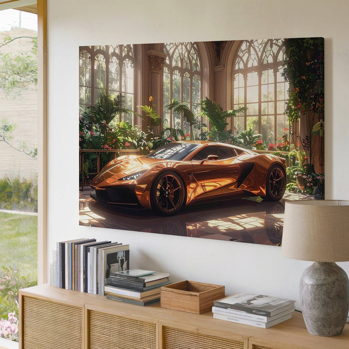 Copper Hypercar Canvas – Luxury Automotive Elegance in Glasshouse Garden - Gifitto
