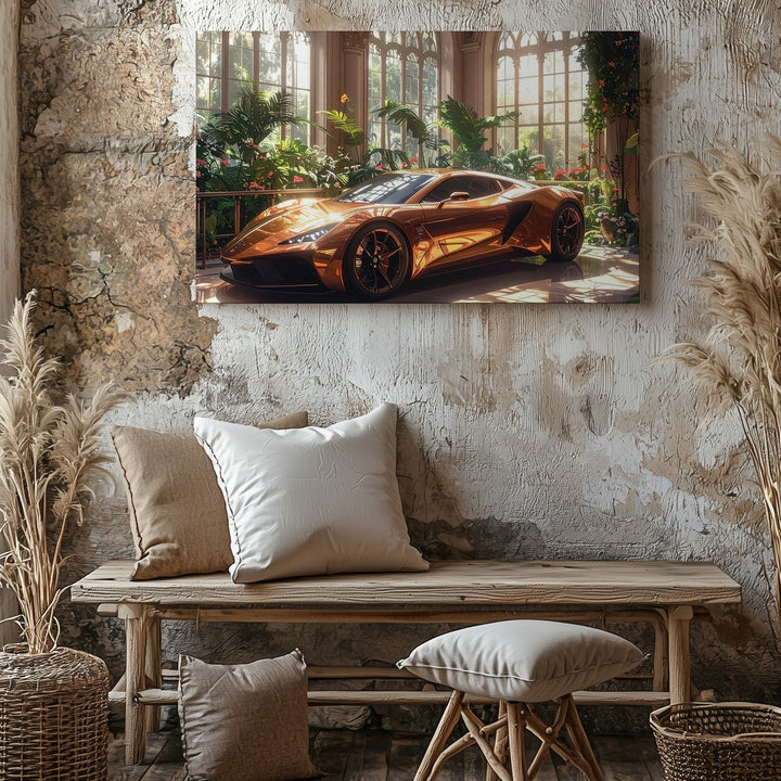 Copper Hypercar Canvas – Luxury Automotive Elegance in Glasshouse Garden - Gifitto