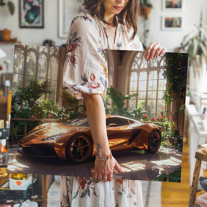 Copper Hypercar Canvas – Luxury Automotive Elegance in Glasshouse Garden - Gifitto