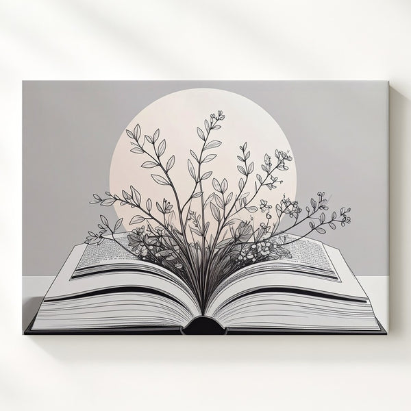 Book & Bloom Canvas – Minimalist Botanical Line Art with Literary Symbolism - Gifitto