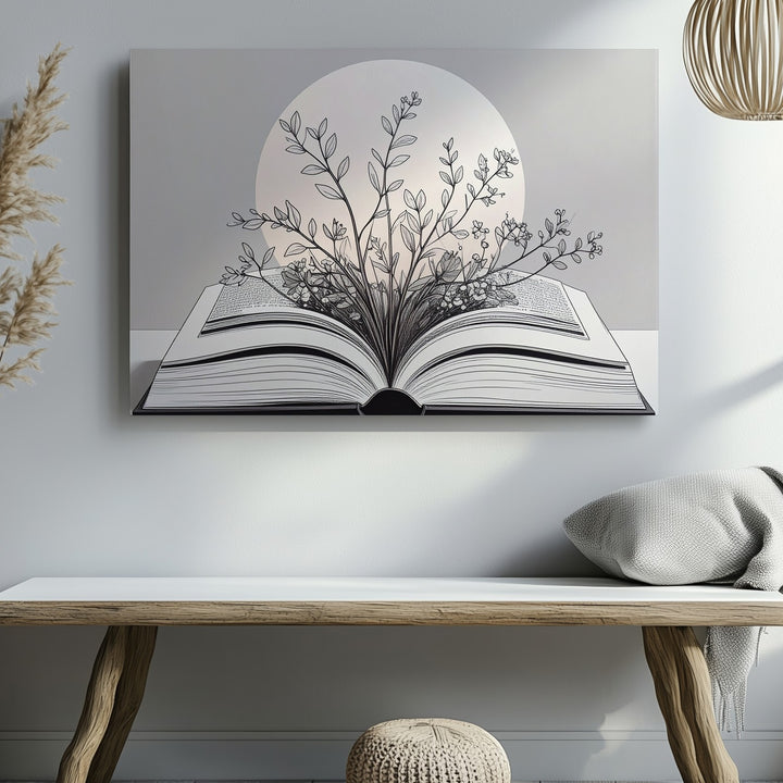 Book & Bloom Canvas – Minimalist Botanical Line Art with Literary Symbolism - Gifitto