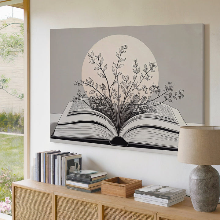 Book & Bloom Canvas – Minimalist Botanical Line Art with Literary Symbolism - Gifitto