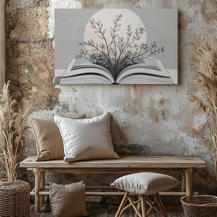 Book & Bloom Canvas – Minimalist Botanical Line Art with Literary Symbolism - Gifitto