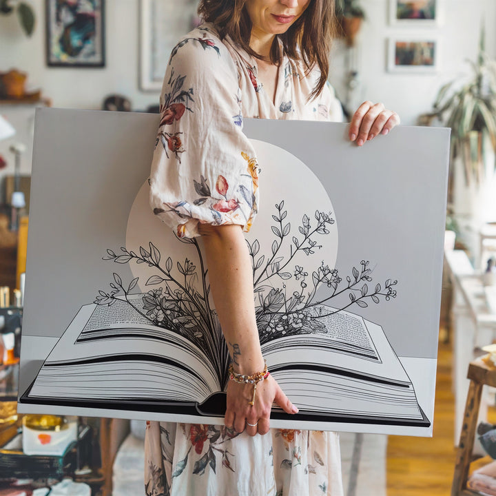 Book & Bloom Canvas – Minimalist Botanical Line Art with Literary Symbolism - Gifitto