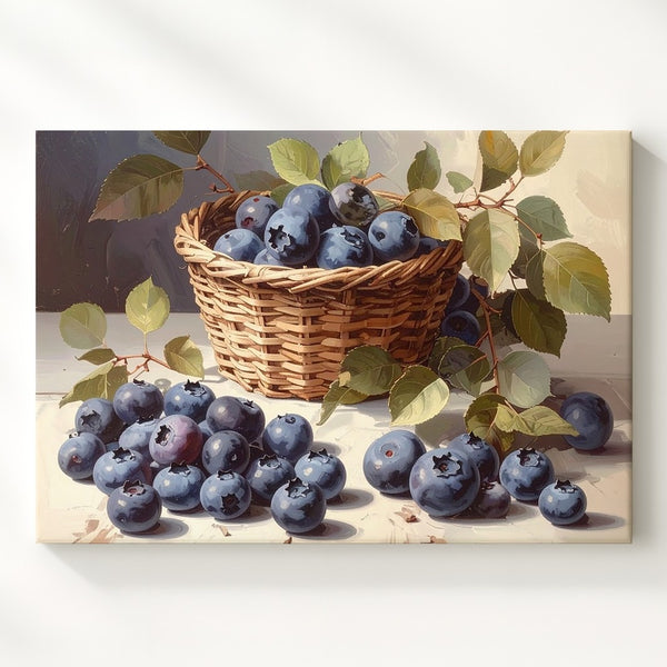 Blueberry Basket Still Life Canvas – Realistic Fruit Painting with Rustic Charm - Gifitto