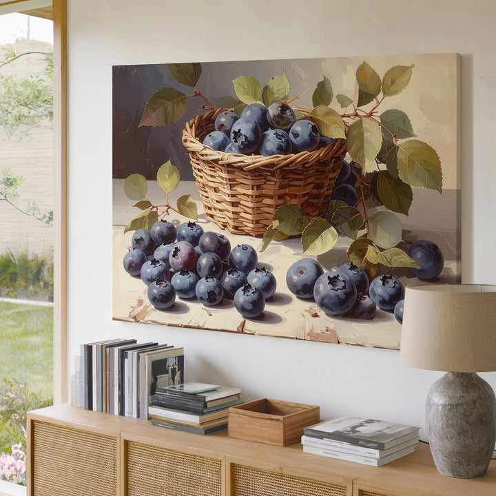 Blueberry Basket Still Life Canvas – Realistic Fruit Painting with Rustic Charm - Gifitto