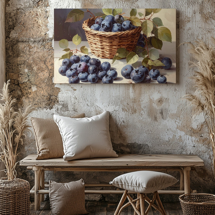 Blueberry Basket Still Life Canvas – Realistic Fruit Painting with Rustic Charm - Gifitto
