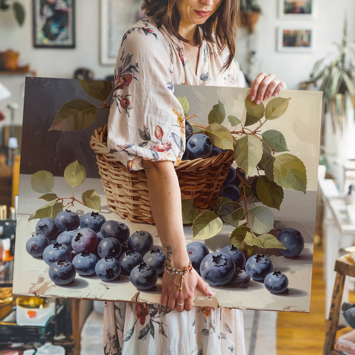 Blueberry Basket Still Life Canvas – Realistic Fruit Painting with Rustic Charm - Gifitto