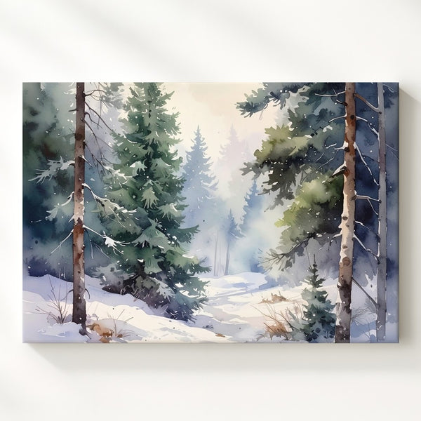Silent Pines Winter Canvas – Serene Watercolor Forest Landscape Wall Art
