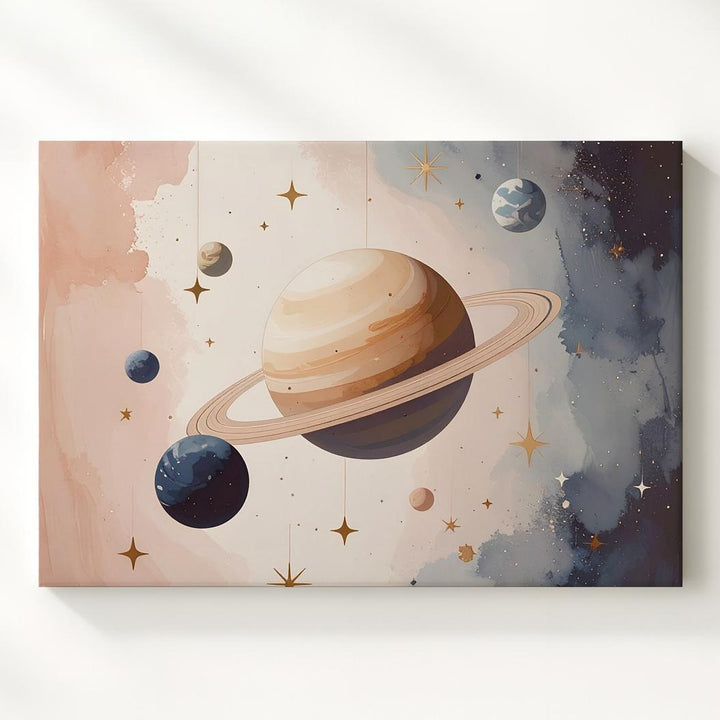 Stylized Planet with Rings Canvas – Dreamy Space Nursery Wall Art - Gifitto