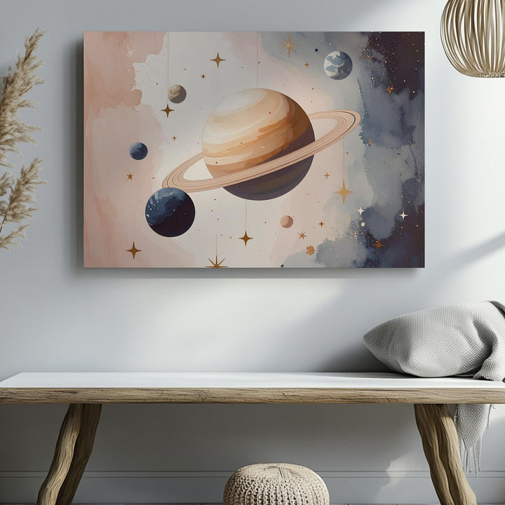 Stylized Planet with Rings Canvas – Dreamy Space Nursery Wall Art - Gifitto