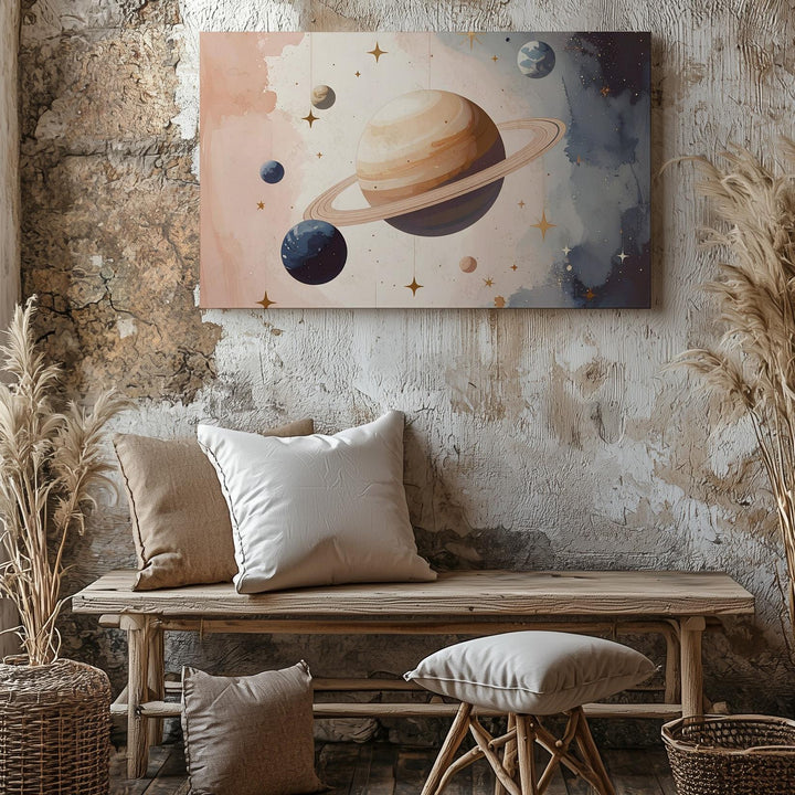 Stylized Planet with Rings Canvas – Dreamy Space Nursery Wall Art - Gifitto