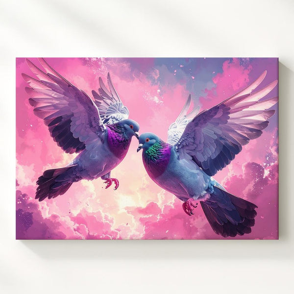 Flying Love Canvas – Surreal Pigeons in Pink Sky - Gifitto