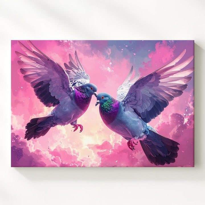 Flying Love Canvas – Surreal Pigeons in Pink Sky - Gifitto