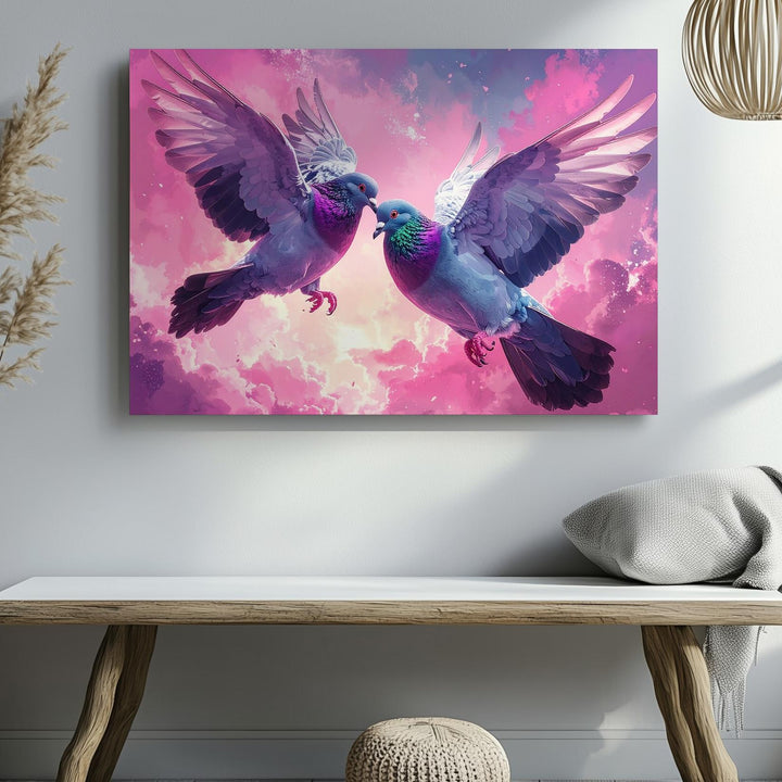 Flying Love Canvas – Surreal Pigeons in Pink Sky - Gifitto