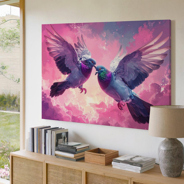Flying Love Canvas – Surreal Pigeons in Pink Sky - Gifitto