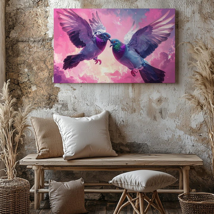 Flying Love Canvas – Surreal Pigeons in Pink Sky - Gifitto