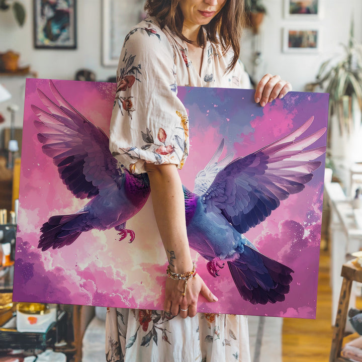 Flying Love Canvas – Surreal Pigeons in Pink Sky - Gifitto