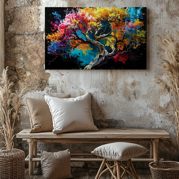 Electric Roots Tree Canvas – Vivid Surreal Color Explosion Wall Art - Gifitto