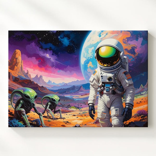Astronaut and Alien Encounter Canvas – Vibrant Planet with Curious Creatures - Gifitto