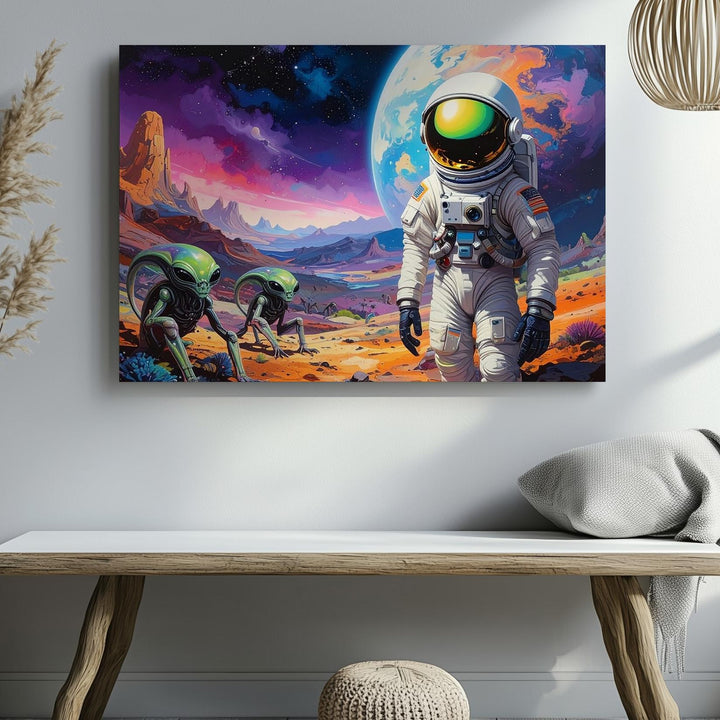 Astronaut and Alien Encounter Canvas – Vibrant Planet with Curious Creatures - Gifitto
