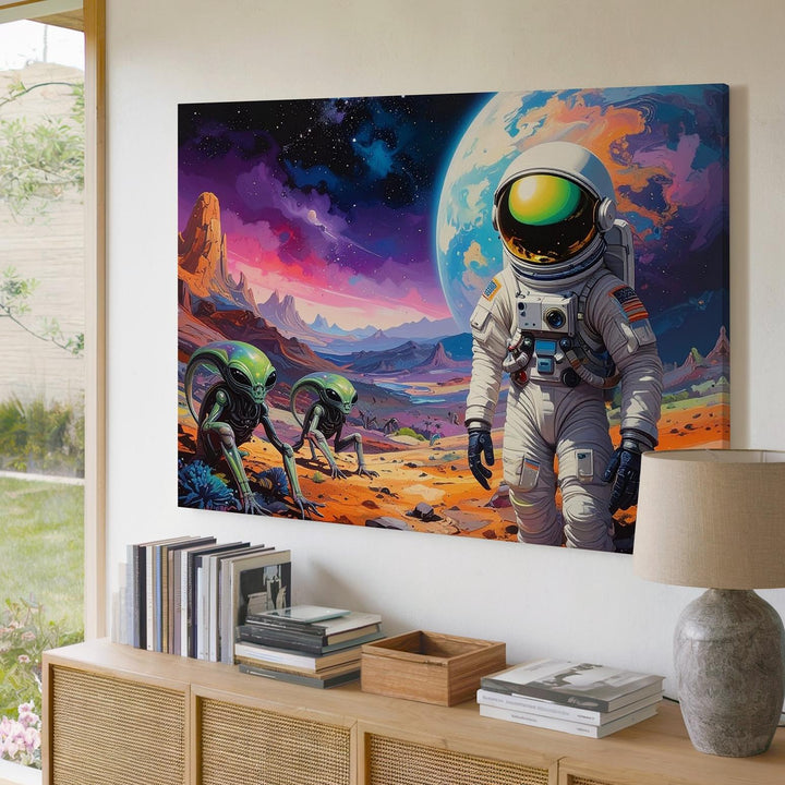 Astronaut and Alien Encounter Canvas – Vibrant Planet with Curious Creatures - Gifitto