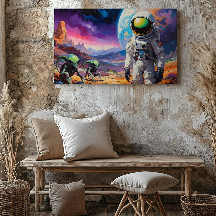 Astronaut and Alien Encounter Canvas – Vibrant Planet with Curious Creatures - Gifitto