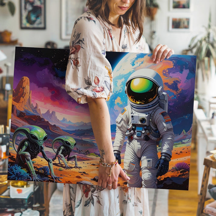 Astronaut and Alien Encounter Canvas – Vibrant Planet with Curious Creatures - Gifitto
