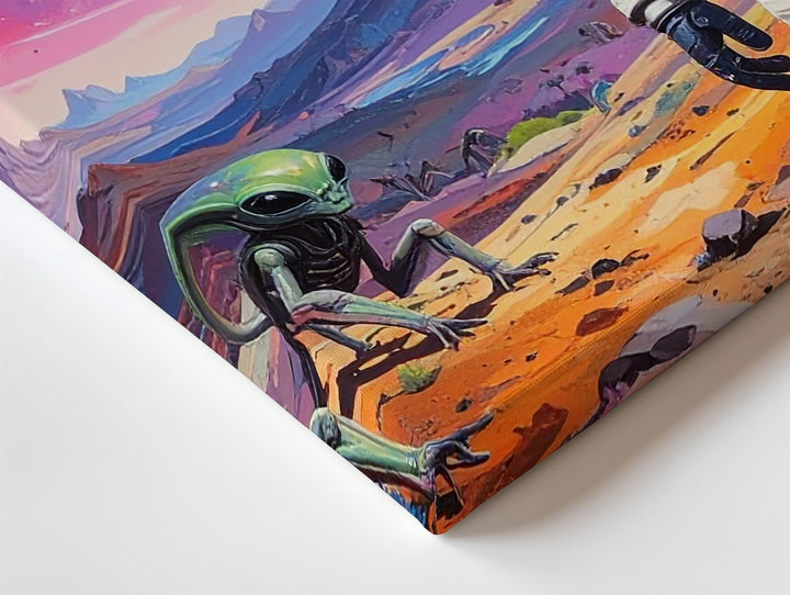 Astronaut and Alien Encounter Canvas – Vibrant Planet with Curious Creatures - Gifitto