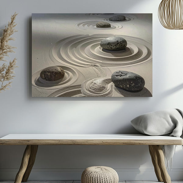 Zen Ripple Stone Garden Canvas – Minimalist Raked Sand & Balance Art - Gifitto
