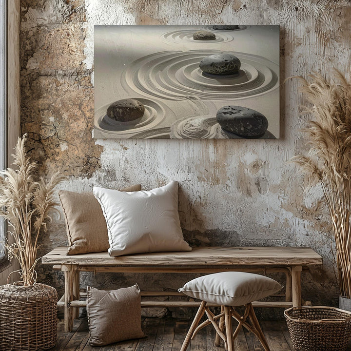 Zen Ripple Stone Garden Canvas – Minimalist Raked Sand & Balance Art - Gifitto