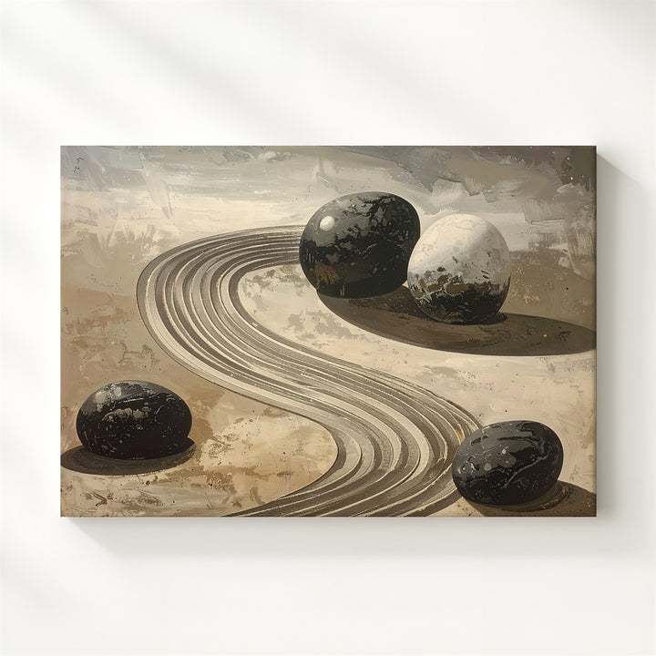 Curved Zen Garden Canvas – Minimalist Raked Sand & Stone Harmony Art - Gifitto