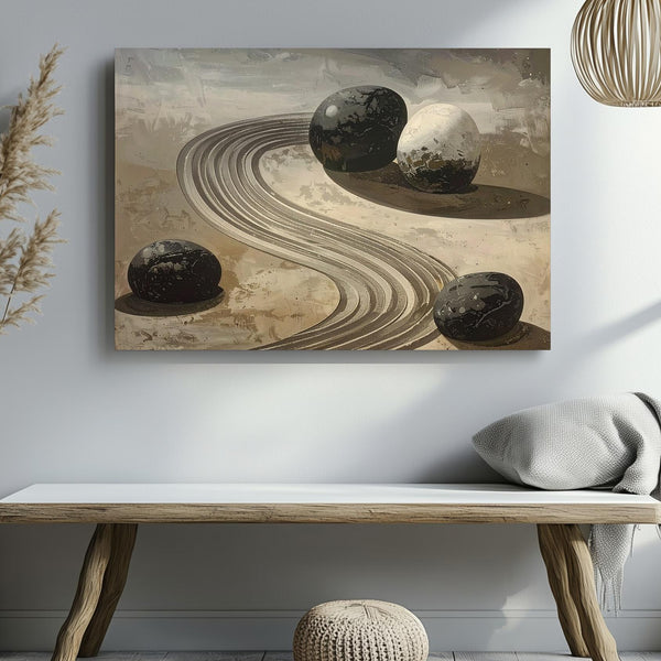 Curved Zen Garden Canvas – Minimalist Raked Sand & Stone Harmony Art - Gifitto