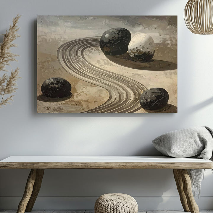 Curved Zen Garden Canvas – Minimalist Raked Sand & Stone Harmony Art - Gifitto