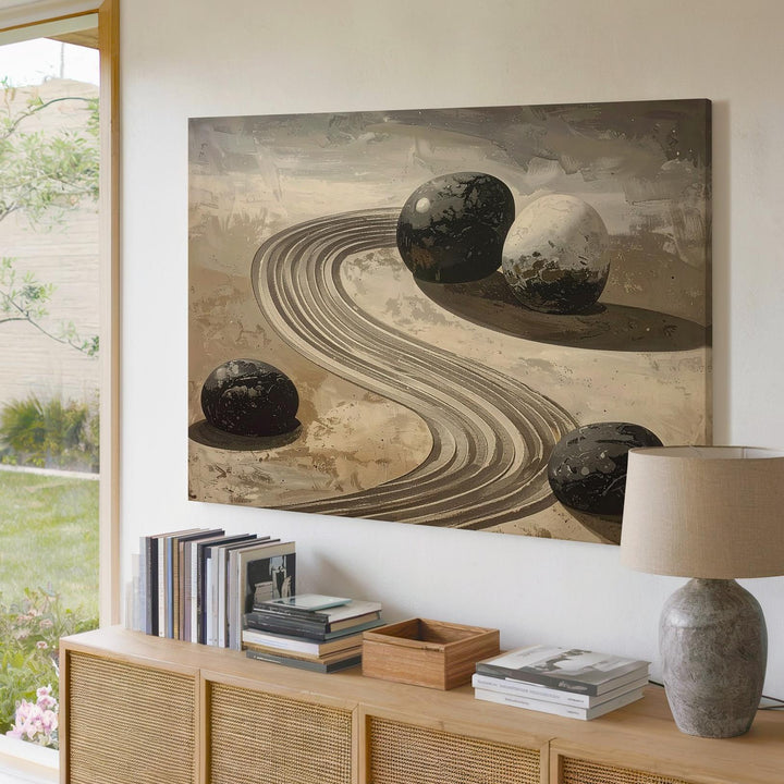 Curved Zen Garden Canvas – Minimalist Raked Sand & Stone Harmony Art - Gifitto