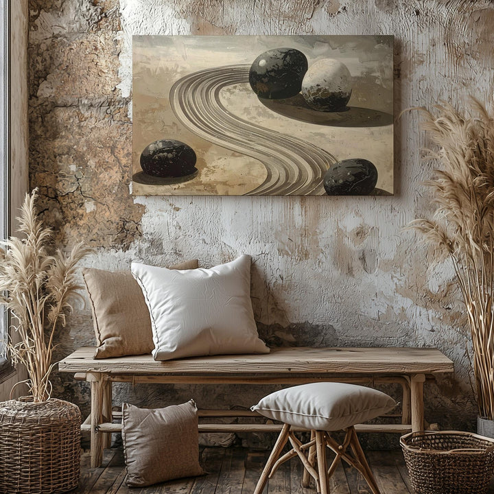 Curved Zen Garden Canvas – Minimalist Raked Sand & Stone Harmony Art - Gifitto