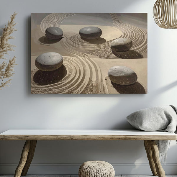 Striped Sand Zen Garden Canvas – Minimalist Stone & Wabi-Sabi Wall Art - Gifitto