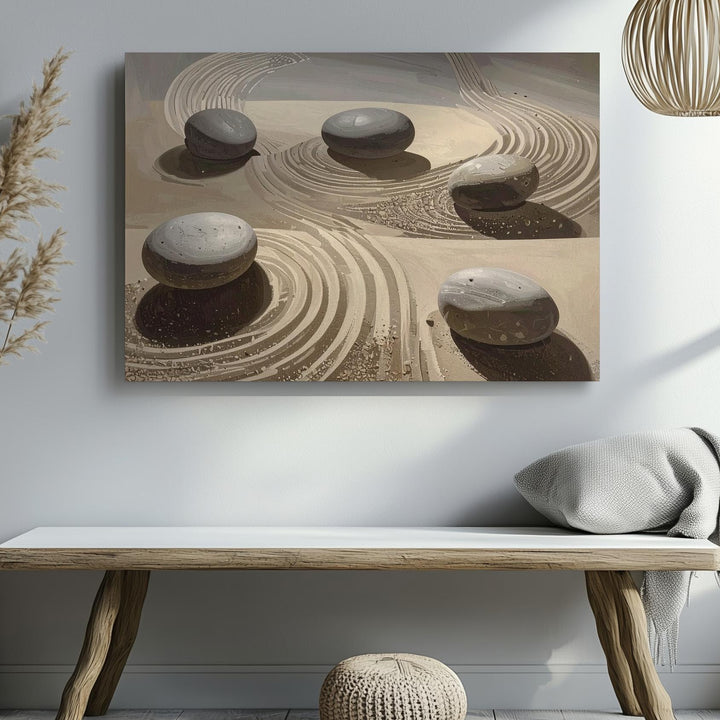 Striped Sand Zen Garden Canvas – Minimalist Stone & Wabi-Sabi Wall Art - Gifitto