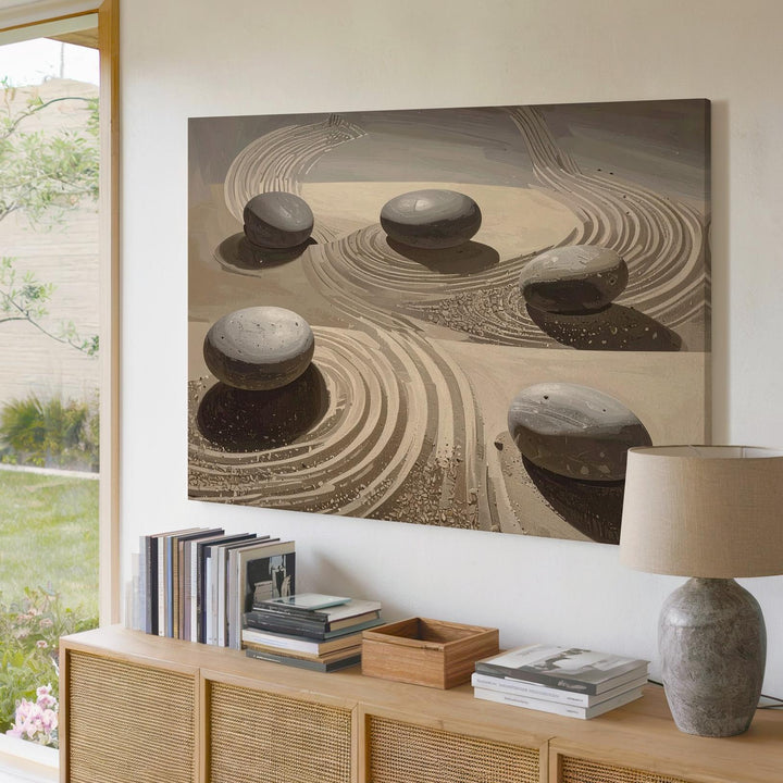 Striped Sand Zen Garden Canvas – Minimalist Stone & Wabi-Sabi Wall Art - Gifitto