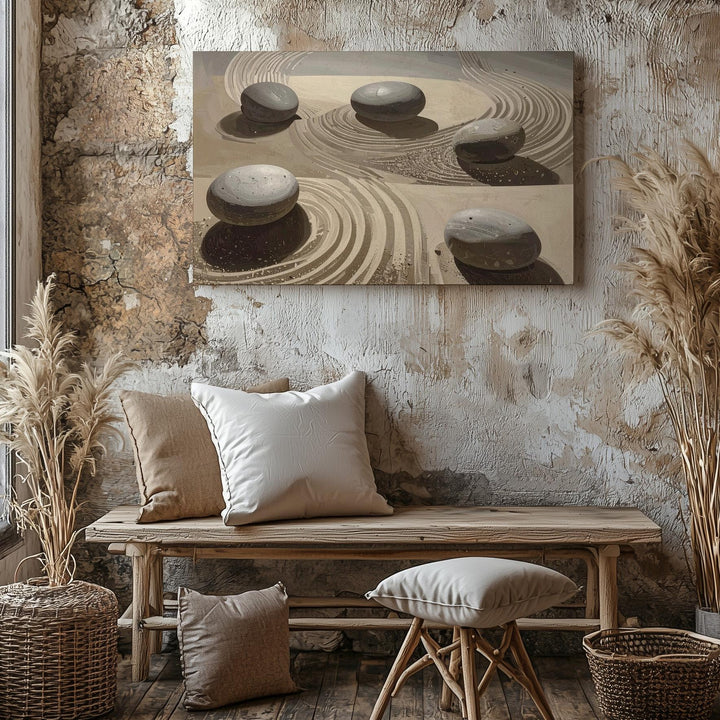 Striped Sand Zen Garden Canvas – Minimalist Stone & Wabi-Sabi Wall Art - Gifitto