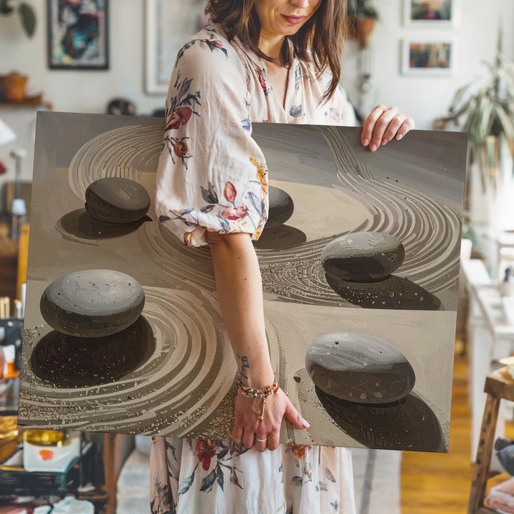 Striped Sand Zen Garden Canvas – Minimalist Stone & Wabi-Sabi Wall Art - Gifitto