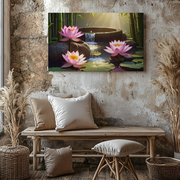 Bamboo Lotus Fountain Canvas – Tranquil Nature & Zen Spa-Inspired Art - Gifitto
