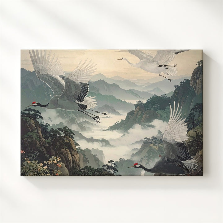 Soaring White Cranes Canvas – East Asian Watercolor Mountain Flight Art - Gifitto