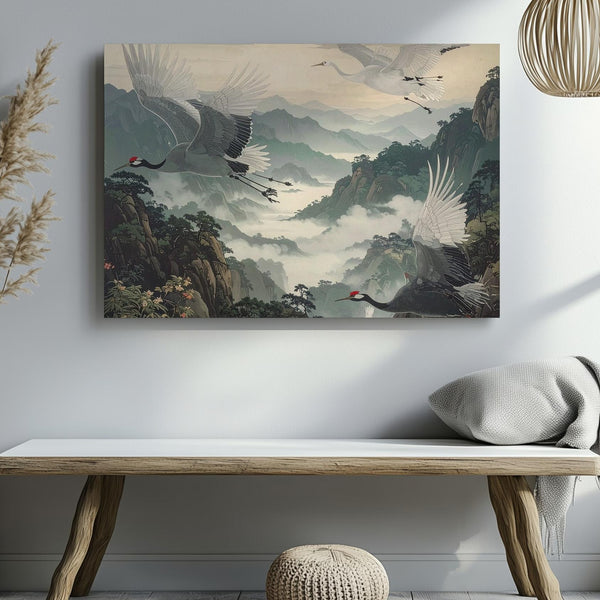 Soaring White Cranes Canvas – East Asian Watercolor Mountain Flight Art - Gifitto