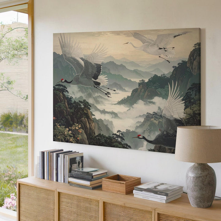 Soaring White Cranes Canvas – East Asian Watercolor Mountain Flight Art - Gifitto